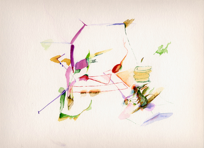 Kirsten K&ouml;tter, Painting Site-specific: 69° N / 27° O (Serie: NordNordOst), Kevoj&auml;rvi, Finnland, 26.06.2003, tags&uuml;ber, Aquarell, 30 &times; 40 cm, Text (10/36)