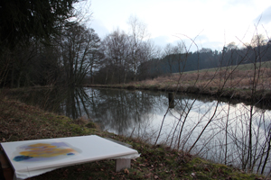Kirsten K&ouml;tter: Foto zu D&auml;mmerung am See (Detail, Ausschnitt), Site-specific painting, See im Taunus, 04.02.2014, ca. 17.30 - 18.30, 50° N / 8 ° O, &Ouml;l auf Leinwand, 90 x 70 cm