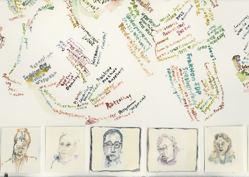 2020-11-16_familienausschuss-bildungs-jugendstaetten, German Bundestag, Committee on Family, Senior Citizens, Women and Youth, 
  water colour, 50 x 65 cm, detail (Kirsten Kötter)