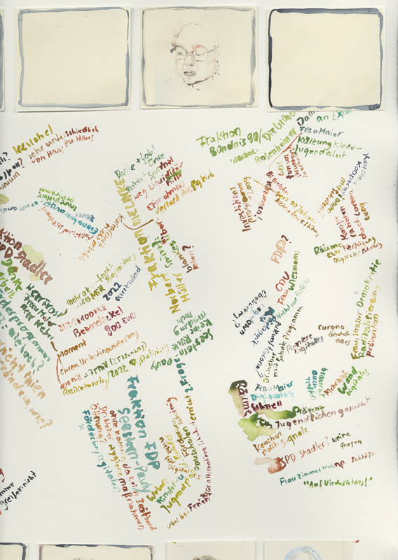 2020-11-16_familienausschuss-bildungs-jugendstaetten, German Bundestag, Committee on Family, Senior Citizens, Women and Youth, 
  water colour, 50 x 65 cm, detail (Kirsten Kötter)